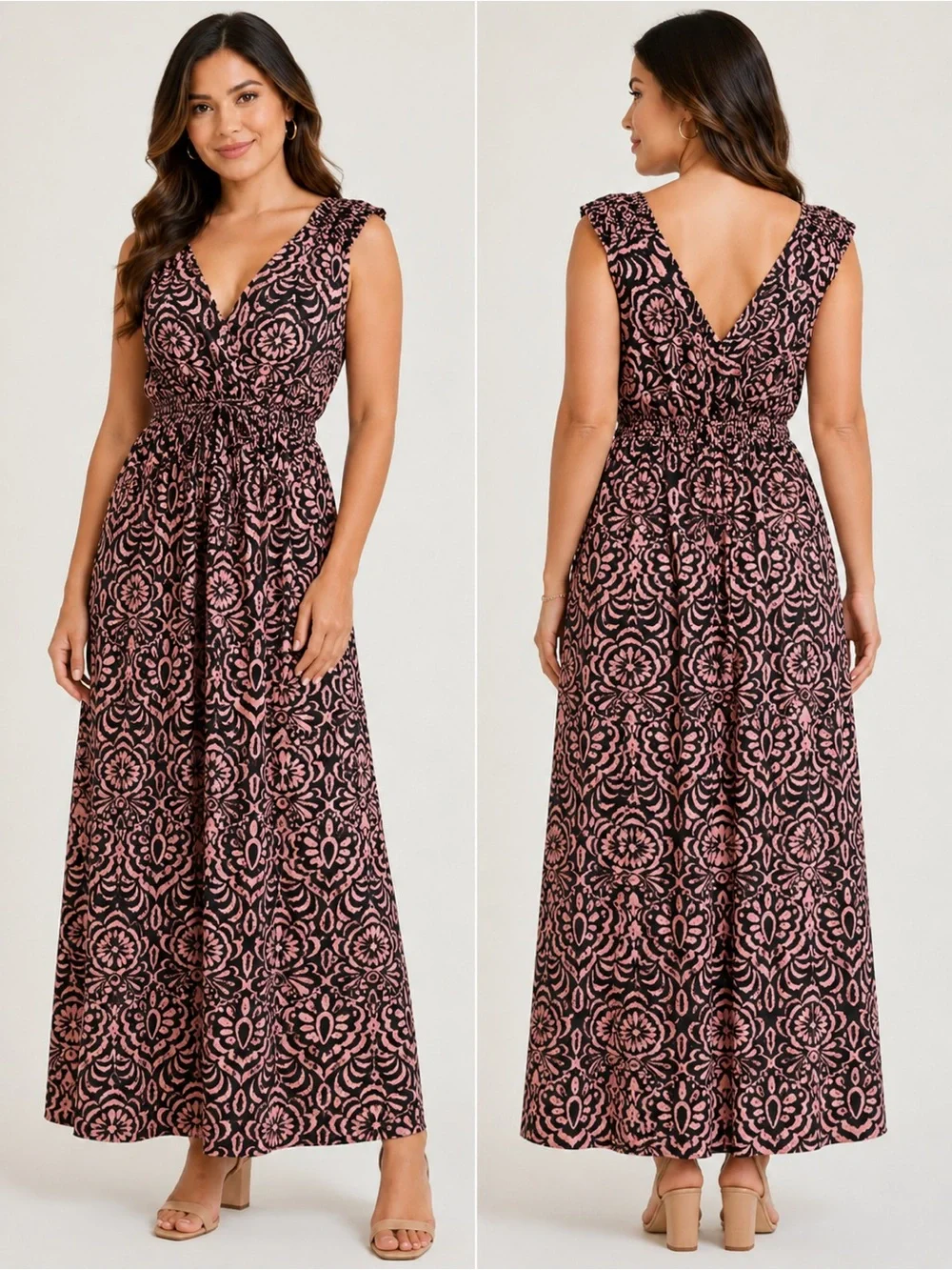 attention Pink and Black Printed V-Neck Maxi Dress
